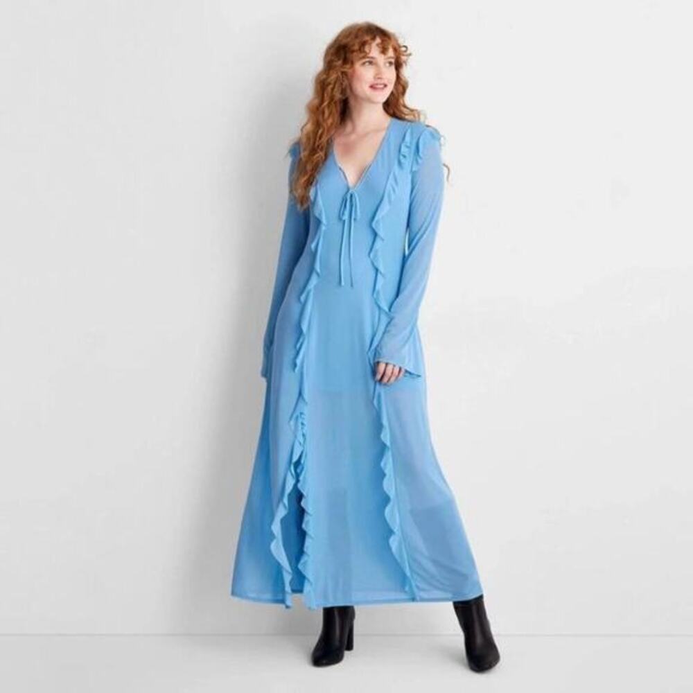 Future Collective Women's Long‎ Sleeve Ruffle Maxi Dress Light Blue Size Large